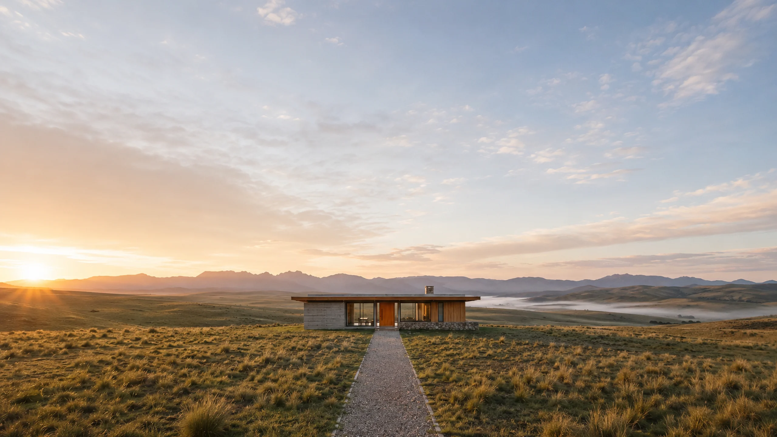 Casa moderna sola en la llanura al amanecer