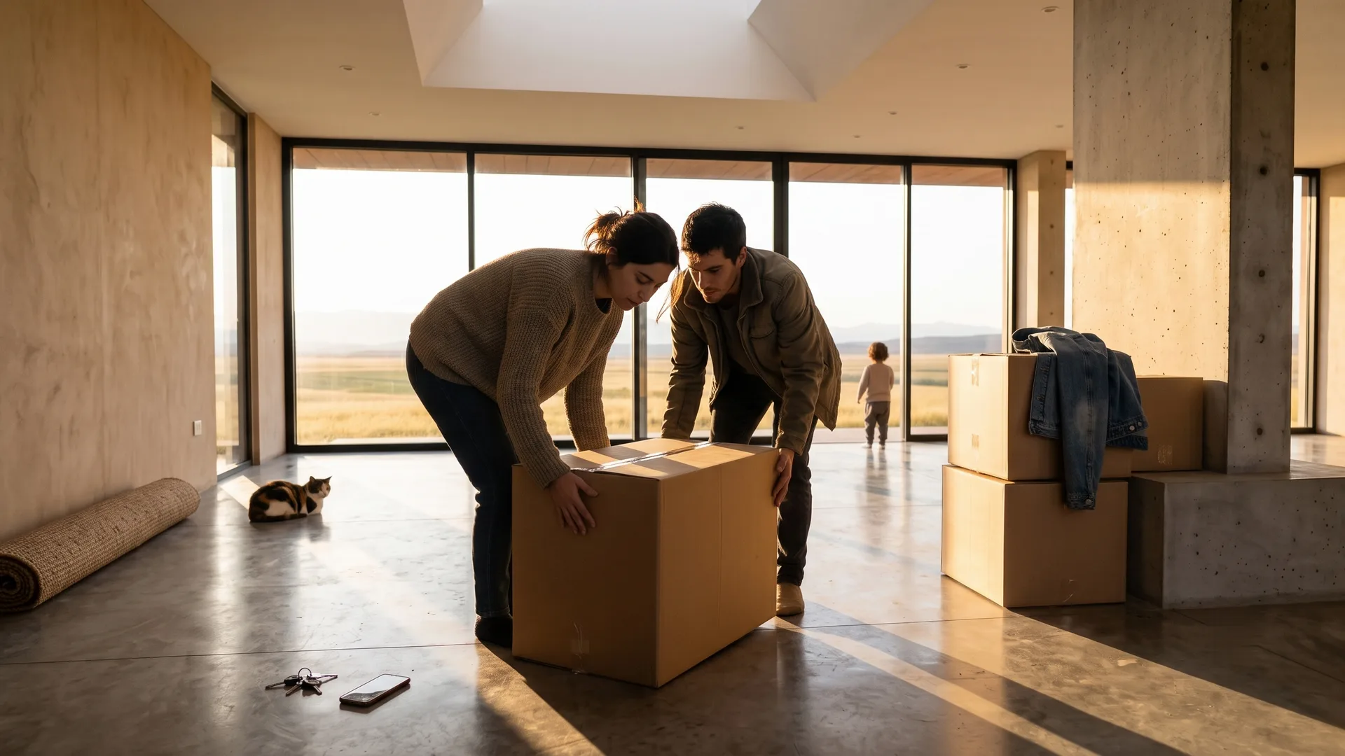 Una pareja apoya una caja de mudanza en su casa nueva